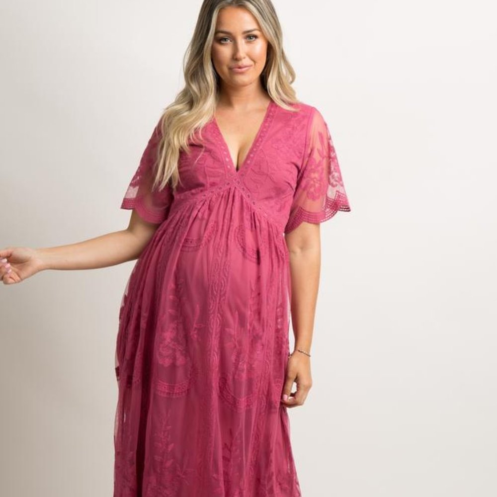 Magenta Lace Mesh Overlay Maternity Maxi Medium